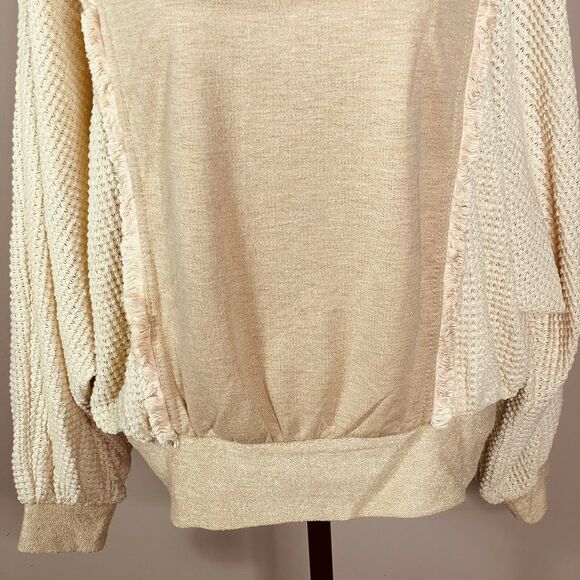 Umgee Tan Beige Fringe Waffle Knit Dolman Sleeve Sweater Size S - Picture 4 of 9